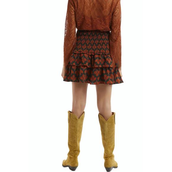 NEW ALLISON NEW YORK leaf print smocked mini skirt in rust and green - Picture 3 of 3